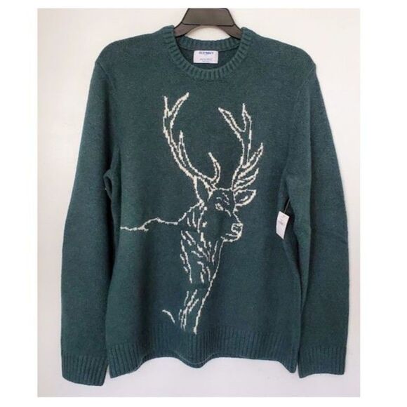 NWT Old Navy Reindeer Crewneck Sweater Dark Green Sz L Holiday Winter Cozy Cabin - Picture 2 of 8